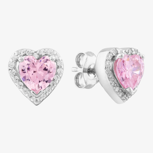 Silver Heart-cut Pink Cubic Zirconia Halo Stud Earrings THB-03E PINK