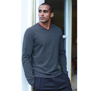 Embsay Long Sleeve Navy and Denim Blue Stripe V-Neck T-Shirt