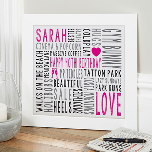 40th Birthday Gift For Her Personalised Square Word Art