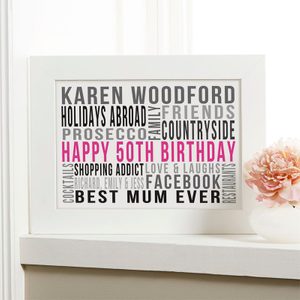 50th Birthday Gift for Her of Favourite Things Personalised Word Art