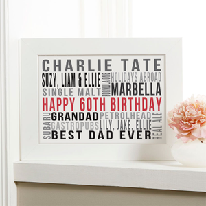 60th Birthday Gift for Him of Favourite Things in Words