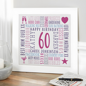 60th Birthday Present For Her Personalised Word Art Picture