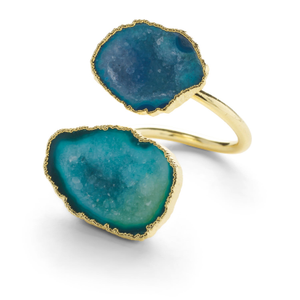 Blue Green Duo Crystal Adjustable Gold Ring