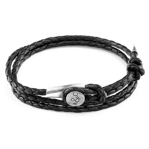 Coal Black Dundee Silver & Braided Leather Bracelet