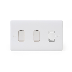 Lieber Silk White 3 Gang Rocker Switch and Dimmer Combo ( 2 -Way Switch & 2 -Way Intelligent Dimmer) - Curved Edge