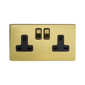 Soho Lighting Brushed Brass 2 Gang Socket 13A Double Pole Black Inserts