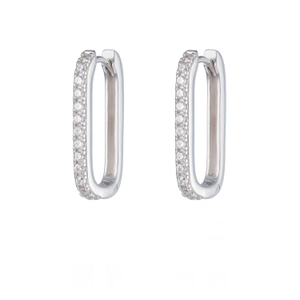 Silver Oval Huggie Hoop Earrings With Clear Stones