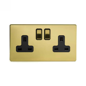The Savoy Collection Brushed Brass 2 Gang Socket 13A Double Pole Black Inserts