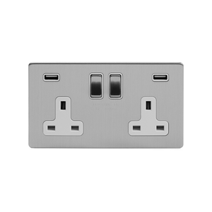 Soho Lighting Brushed Chrome 2 Gang 13A DP Socket with 2 x USB-A 4.8A