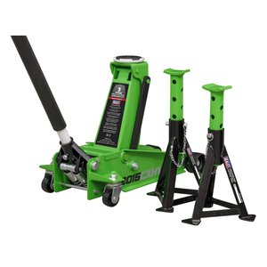 Sealey 3015CXHV Trolley Jack 3tonne Super Rocket Lift & Axle Stands (Pair) 3tonne Capacity per Stand-Hi-Vis