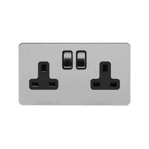 The Lombard Collection Brushed Chrome Flat Plate 13A 2 Gang Switched Socket, Double Pole Blk Ins Screwless