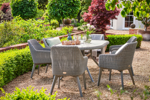 180cm Cliveden Oval Dining Table with HPL table top and 6 Cliveden dining armchairs with waterproof grey cushions