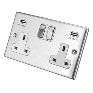 Hamilton 13A 2 Gang Switched Socket with Twin 2.4A USB Outlets White Insert Satin Steel