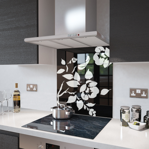 Glass Splashback in Black Floral - 60cm Wide x 70cm High