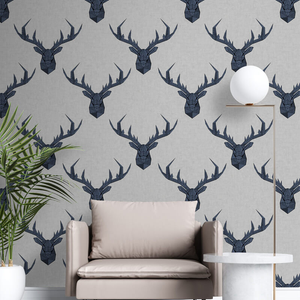 Nina Home Geometric Stag Heads Grey/Blue Glitter Wallpaper - N10084