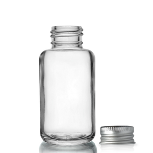 50ml Clear Glass Boston Round Bottle & Aluminium Cap - Silver