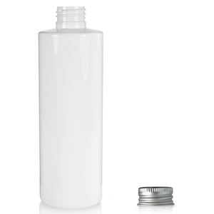 250ml White Glossy PCR/PET Plastic Bottle & 24mm Aluminium Cap - Silver
