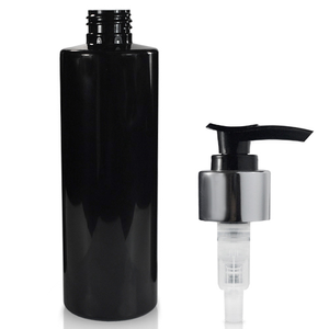 250ml Glossy Black Plastic Bottle & 24mm Silver Pump - Black/Silver