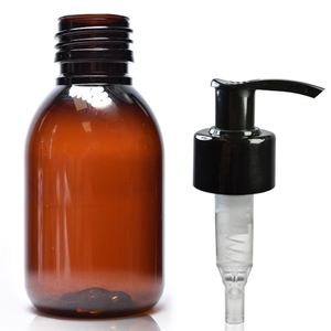 100ml Amber PET Sirop Bottle & 28mm Standard Lotion Pump - Black