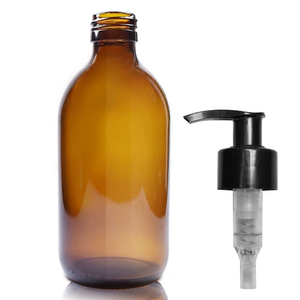 300ml Amber Glass Sirop Bottle & 28mm Standard Lotion Pump - Black Smooth