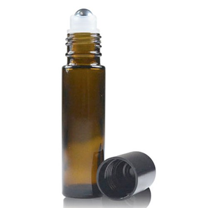 10ml Amber Glass Rollette Metal Ball Bottle With Black Cap