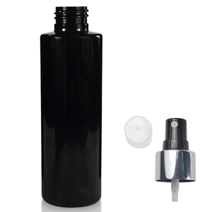 150ml Glossy Black PET/PCR Plastic Bottle & 24mm Silver Atomiser Spray - Black &amp; Silver