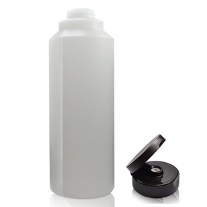 1000ml HDPE Plastic Sauce Bottle & 38mm D/W Black Flip-Top Cap