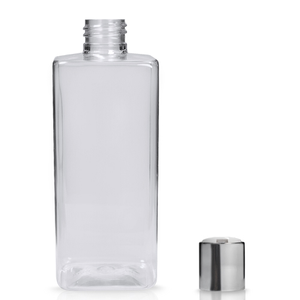 300ml Short Clear PCR/PET Square Bottle & 24mm Silver Disc-Top Cap - White/Silver