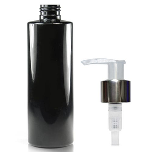150ml Glossy Black PET/PCR Plastic Bottle & 24mm Silver Pump - Natural/Silver