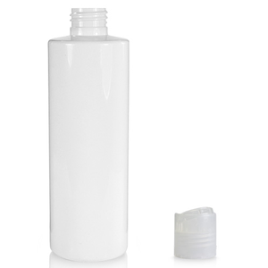 250ml White Glossy PCR/PET Plastic Bottle & 24mm Disc Top Cap - White
