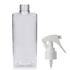 300ml Short Clear PCR/PET Square Bottle & 24mm Mini Trigger Spray - White