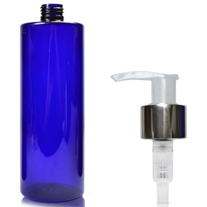 500ml Cobalt Blue PCR/PET Tubular Plastic Bottle & 24mm Silver Lotion Pump - Natural/Silver