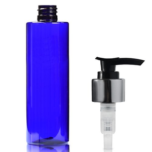 250ml Cobalt Blue PCR/PET Plastic Bottle & 24mm Silver Lotion Pump - Black/Silver