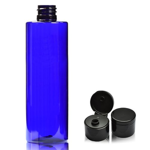 250ml Cobalt Blue PCR/PET Tubular Plastic Bottle & 24mm Flip-Top Cap - Smooth Black