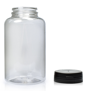 250ml Clear Plastic Pill Jar & 40mm Snap-Hinge Cap - Black
