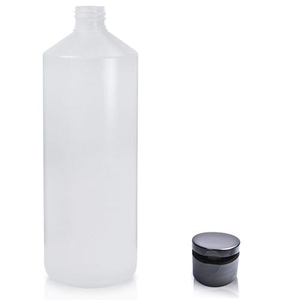 1 Litre Natural HDPE Plastic Round Bottle & 28mm Flip-Top Cap - Black