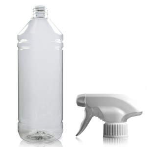 1 Litre Clear PET Plastic Bottle & 28mm Trigger Spray - White