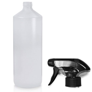 1 Litre Natural HDPE Plastic Round Bottle & 28mm Trigger Spray - Black