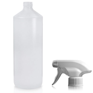1 Litre Natural HDPE Plastic Round Bottle & 28mm Trigger Spray - White