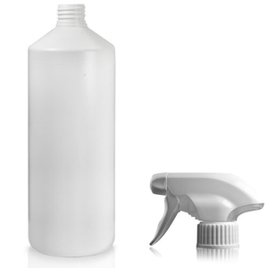 1 Litre White HDPE Plastic Round Bottle & 28mm Trigger Spray - White