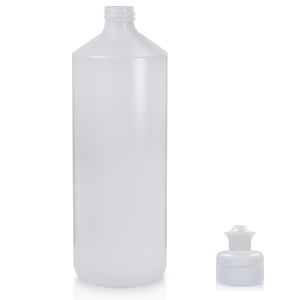 1 Litre Natural HDPE Plastic Round Bottle & 28mm Pull Top Dispensing Cap - Blue