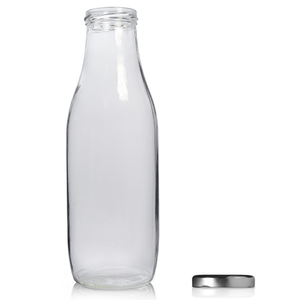 1000ml Clear Glass Milk/Juice Bottle & 53mm Twist Off Cap - Silver