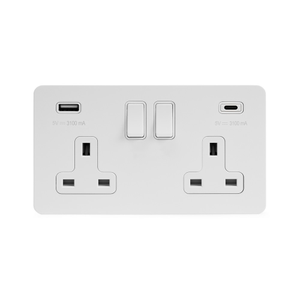 Soho Lighting White Metal Flat Plate 2 Gang USB A+C Socket (13A Socket + 2 USB Ports A+C 3.1A) 
