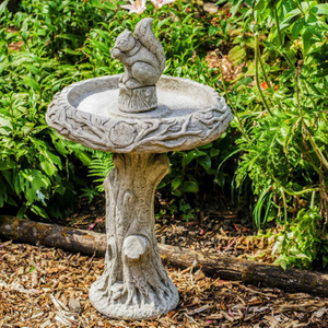 31.5' Tall Stone Cast Garden Bird Bath with Squirrel