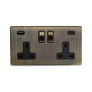 Soho Lighting Antique Brass 2 Gang USB A+C Socket (13A Socket + 2 USB Ports A+C 3.1A)