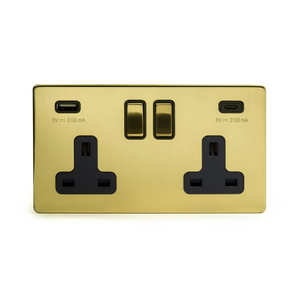 Soho Lighting Brushed Brass 2 Gang USB A+C Socket (13A Socket + 2 USB Ports A+C 3.1A) 