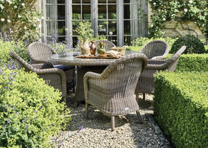 150cm Kensington Round Dining Table with 6 Dining Armchairs and Beige Waterproof Cushions (Bali + Ohio)