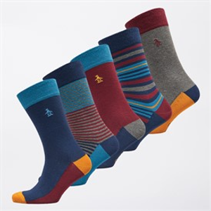 Original Penguin Mens Five Pack Stripe Socks Navy/Burgundy/Blue Multi
