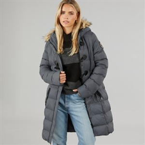 Brave Soul Womens Wizard Long Padded Coat With Faux Fur Trim Hood Grey
