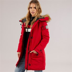 Brave Soul Womens Jacobs Faux Fur Parka Coat Red/Natural